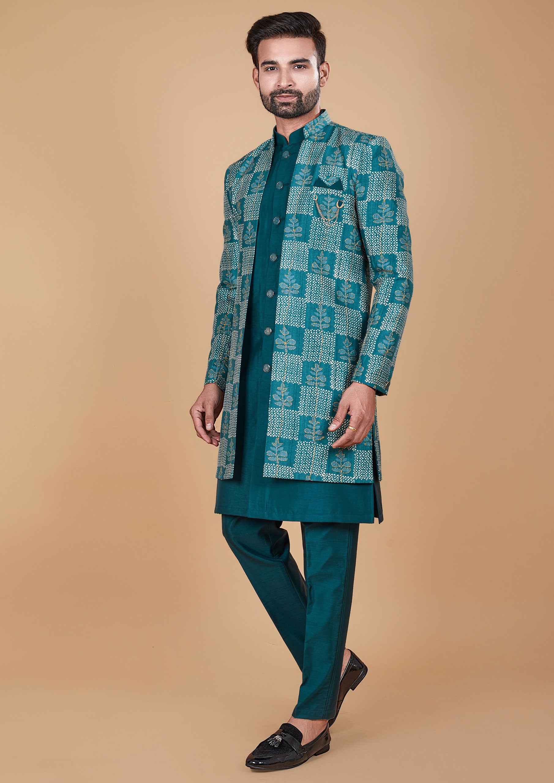 Teal Color Jacquard Silk Thread Work Men's Wear
